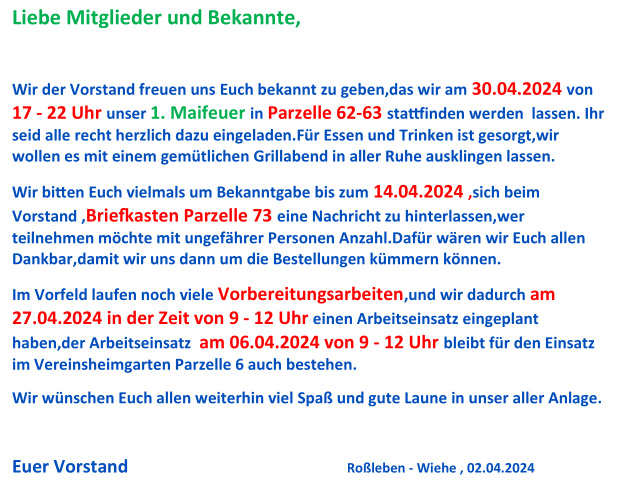 Maifeuer am 30.04.2024 - Teilnahme bitte bis 14.04. bekanntgeben - Arbeitseinsatz am 06.04. und 27.04.